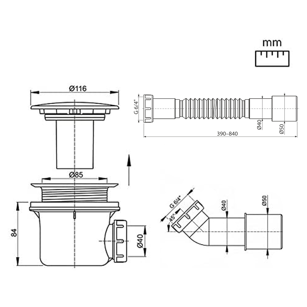 Trapflex Ablaufgarnitur Ø90mm Set mit Haube Weiß