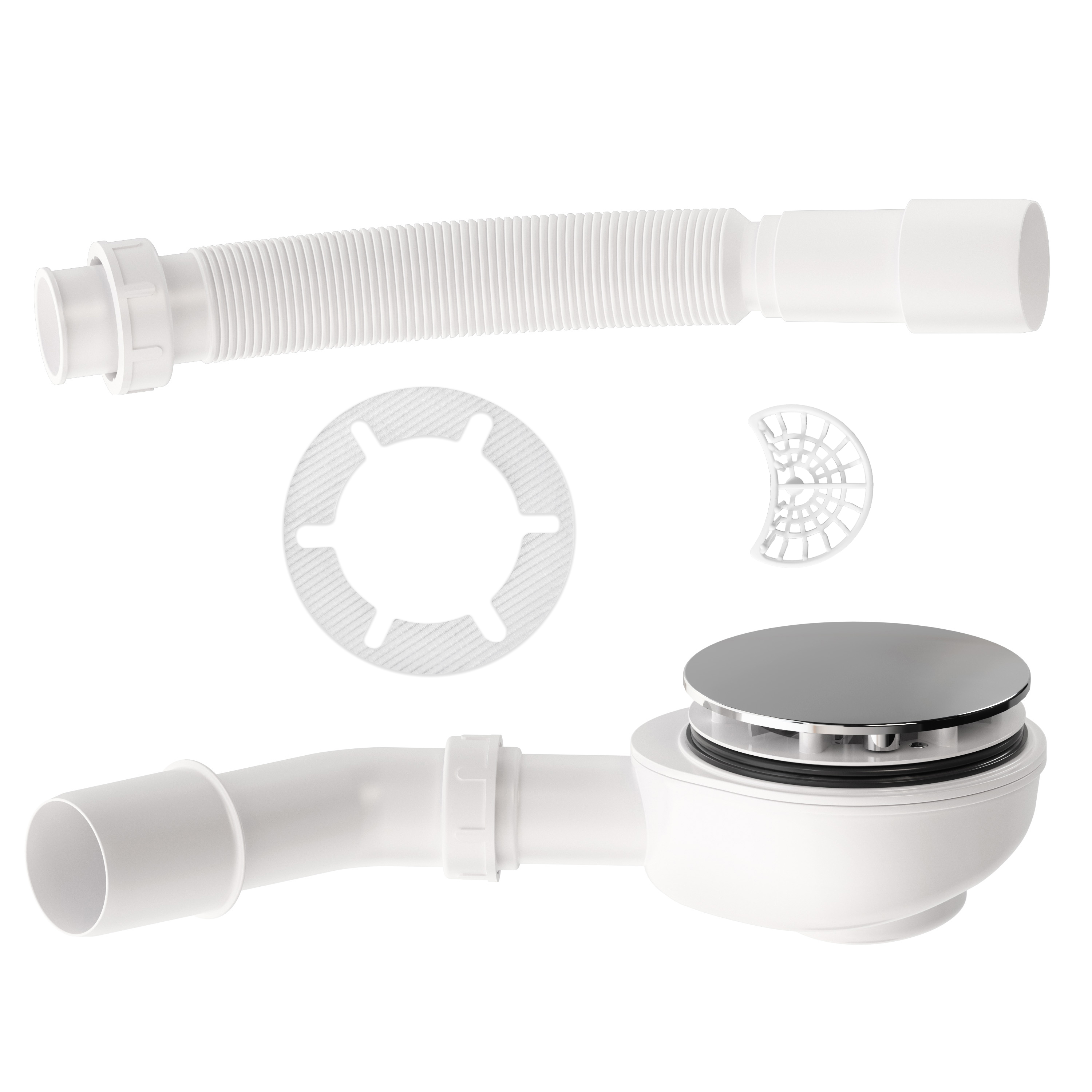 Aquabad Ablaufgarnitur A9.200 extraflach, 90 mm, Chrom Abdeckung + Gratis Haarfänger für Duschwanne